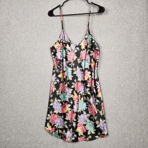 Intimate Moods Dress Womens Large Black Floral Satin Slip Nightgown Lingerie USA
